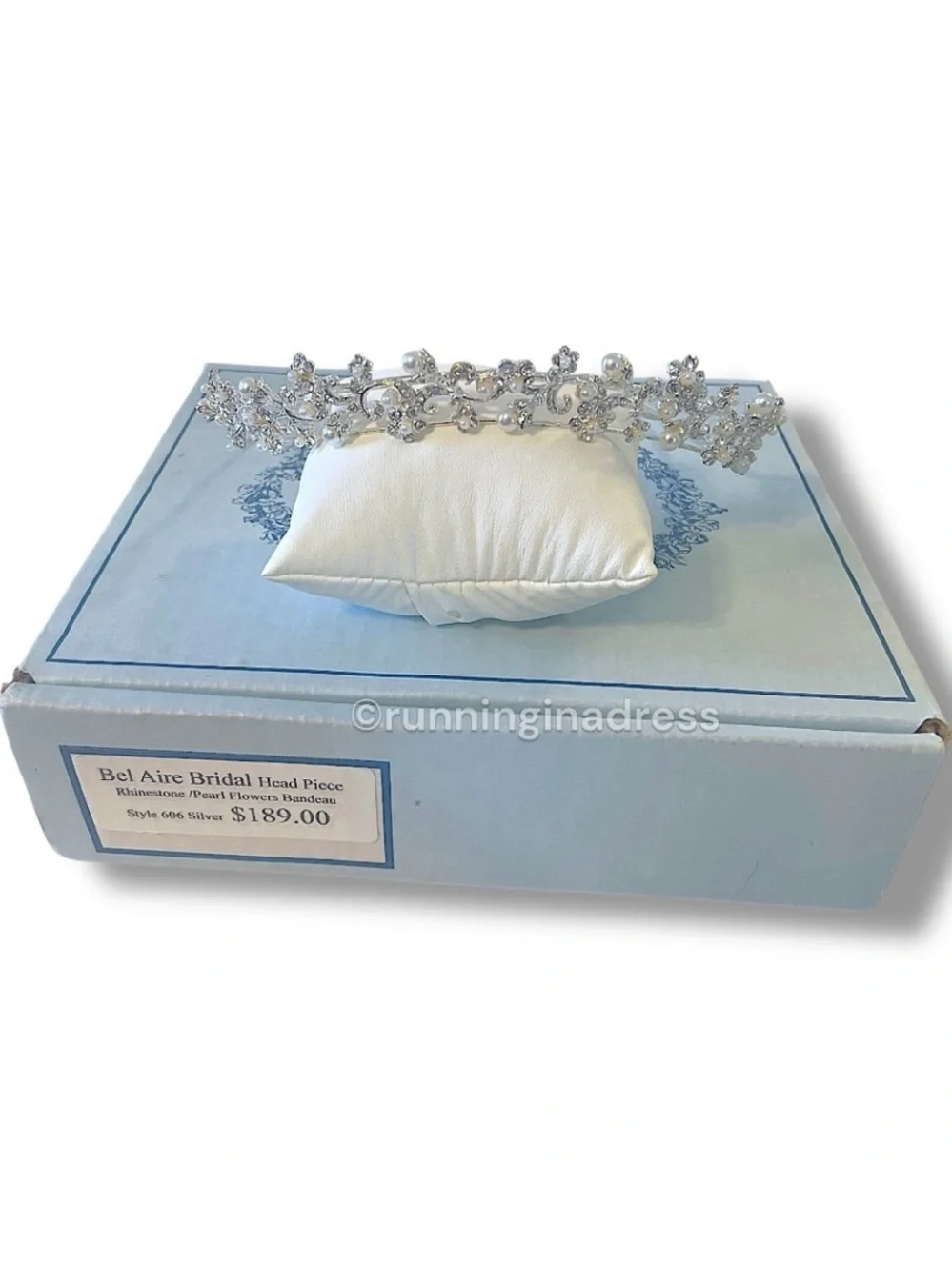 Vtg 90s Bel Aire Bridal Headpiece Style 606 Silver Pearl Rhinestone Tiara Crown